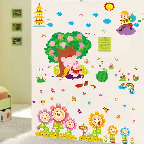 卡通动漫墙贴纸西游记猪八戒吃西瓜故事墙贴画儿童房幼儿园装饰品