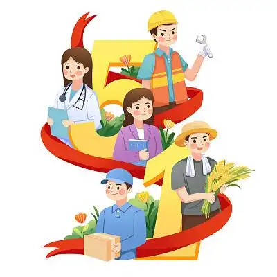 彩色卡通五一国际劳动节劳动人民工作插画海报png素材