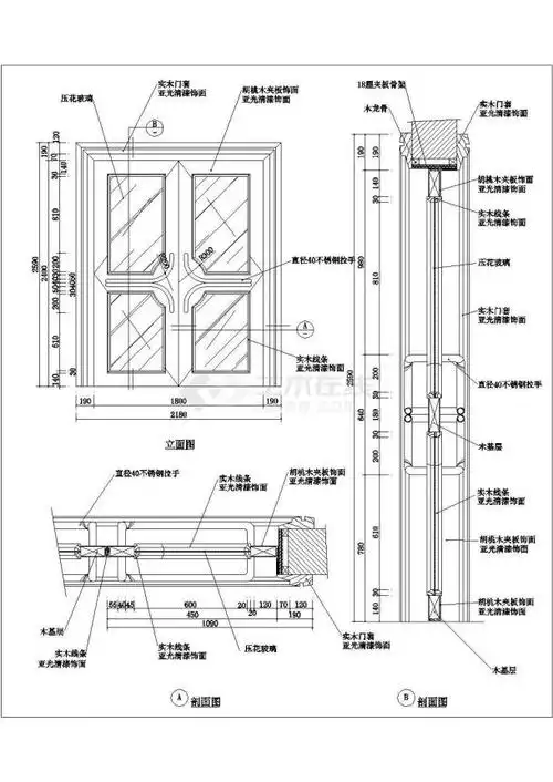 某双开胡桃木嵌压花玻璃门cad全套构造设计大样