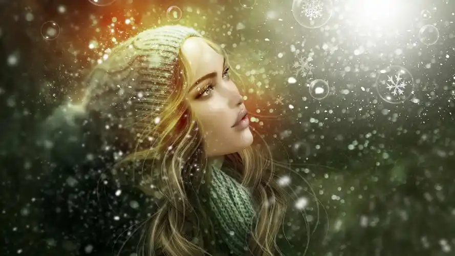 幻想的女孩,雪花,气泡