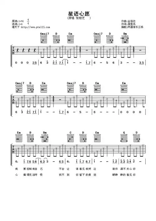 星语心愿高清版吉他谱 g调_阿潘音乐工场编配_张柏芝1