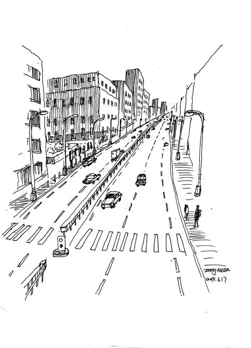 城市里宽阔的大道速写