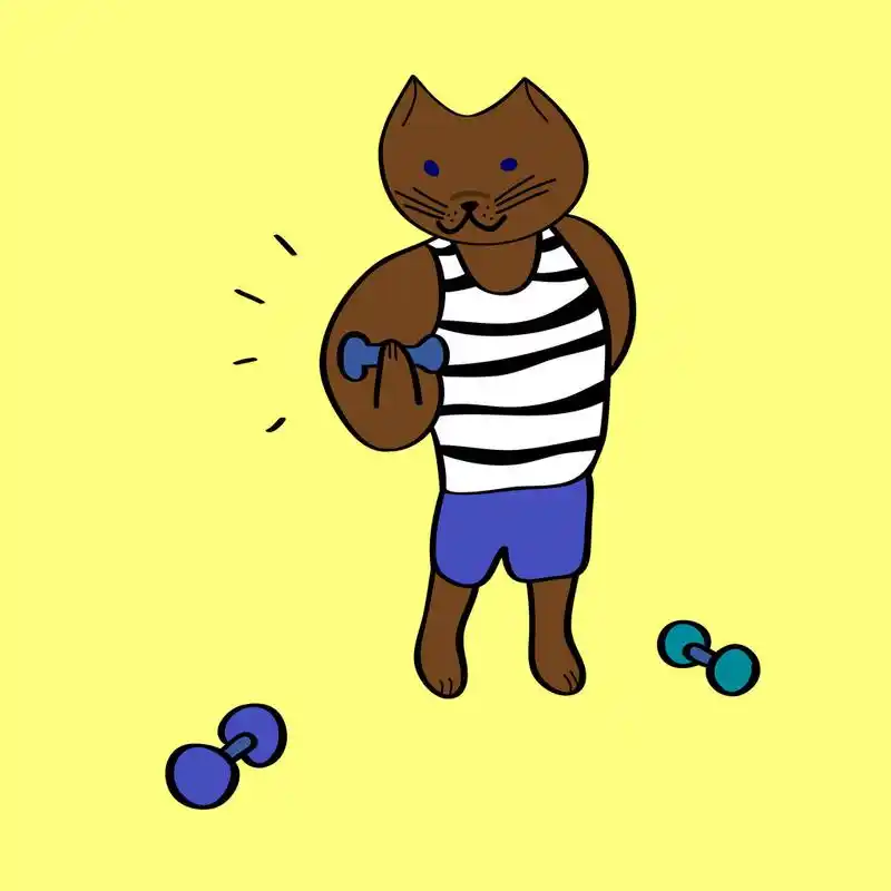 可爱的卡通的健美运动员猫与哑铃上黄色,矢量图