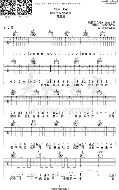 newboy吉他谱房东的猫陈婧霏g调弹唱谱高清六线谱
