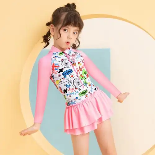 yingfa英发儿童泳衣女孩裙式平角分体长袖防晒儿童泳衣