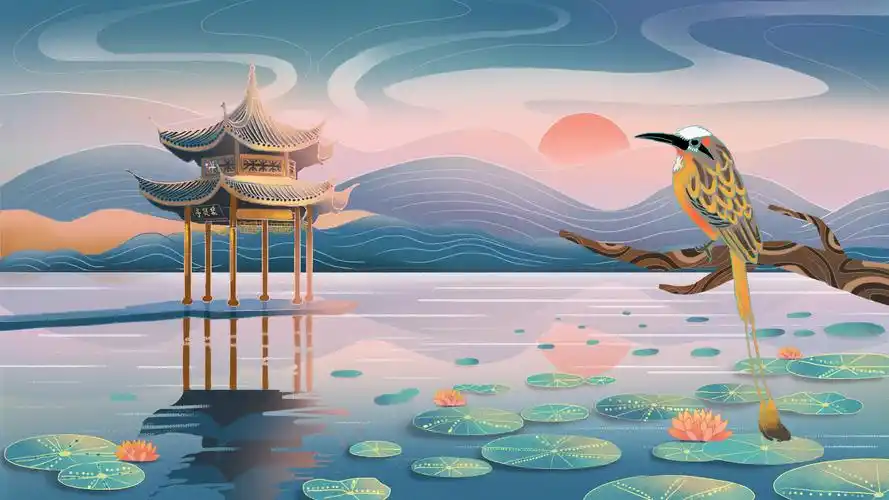 中国风国潮杭州西湖集贤亭插画