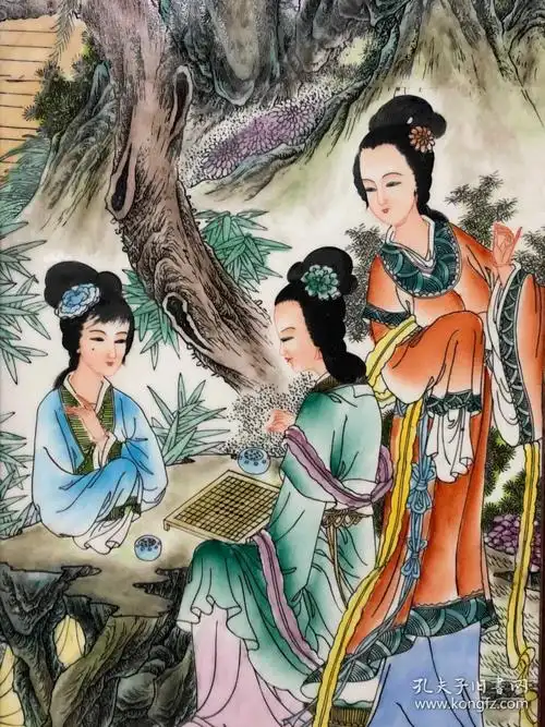 王大凡作品红木镶粉彩瓷板画精工人物十二金钗挂屏装饰佳品