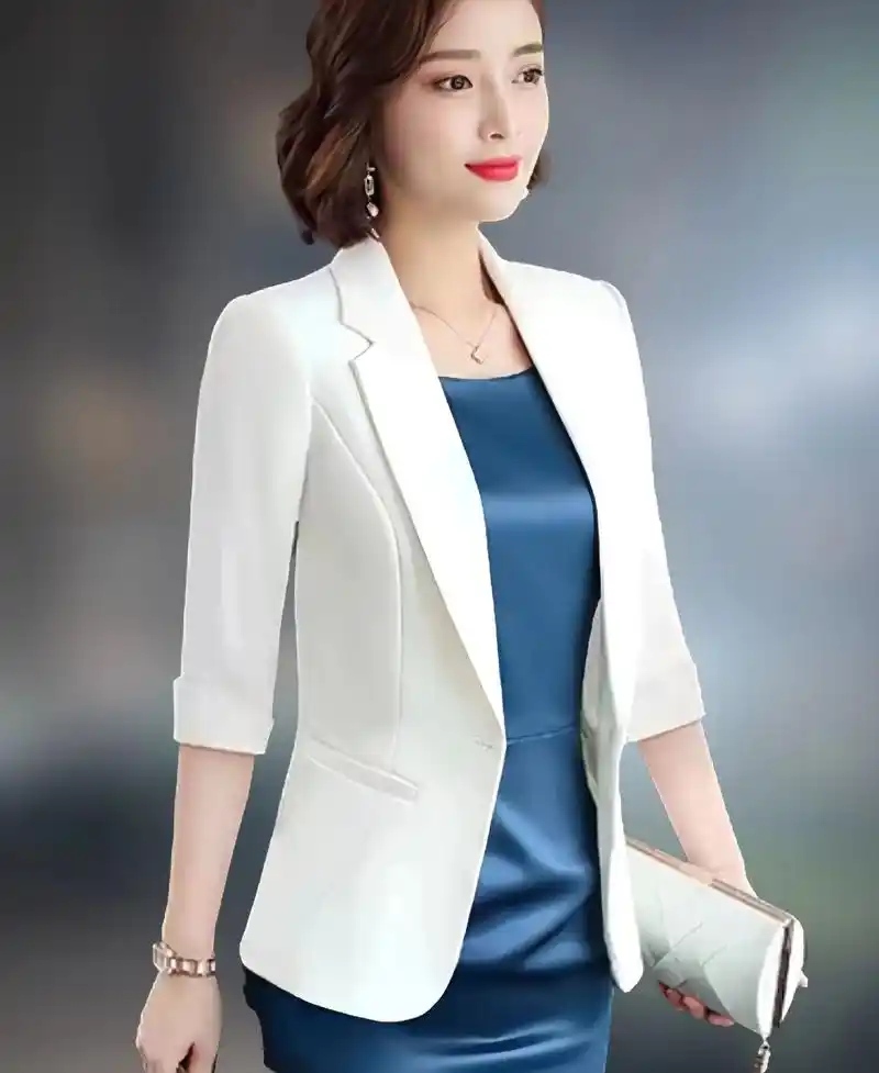 姐妹们~这款白色七分袖西装外套女春夏职业套裙