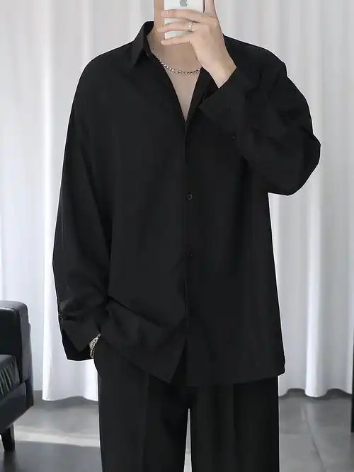 港风衬衫男黑色痞帅春秋季潮流长袖外套宽松休闲垂感免烫衬衣星禾莱