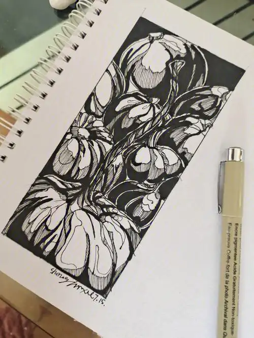 手绘摸鱼86黑白插画南瓜元素附过程