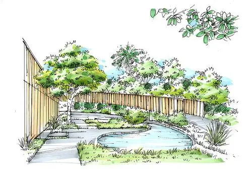 带有曲线走道的自然花园杭州手绘景观培训临摹图