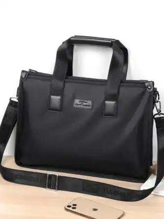 天弘袋鼠男士公文包休闲帆布手提包防泼水电脑商务出差文件包9055黑色