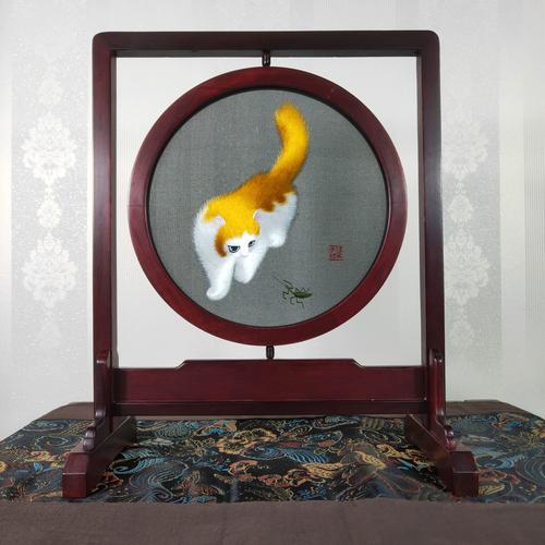 苏绣精品双面异色猫纯手工摆件中国风出国送礼物苏州刺绣摆台屏风