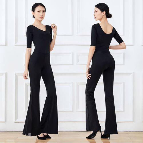形体训练服装女礼仪培训高端修身优雅v领大喇叭裤舞蹈练功服套装