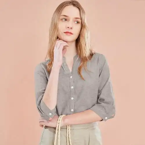 佐丹奴麻棉衬衫女薄款女装衬衫天然麻棉v领七分袖衬衣13349201视频