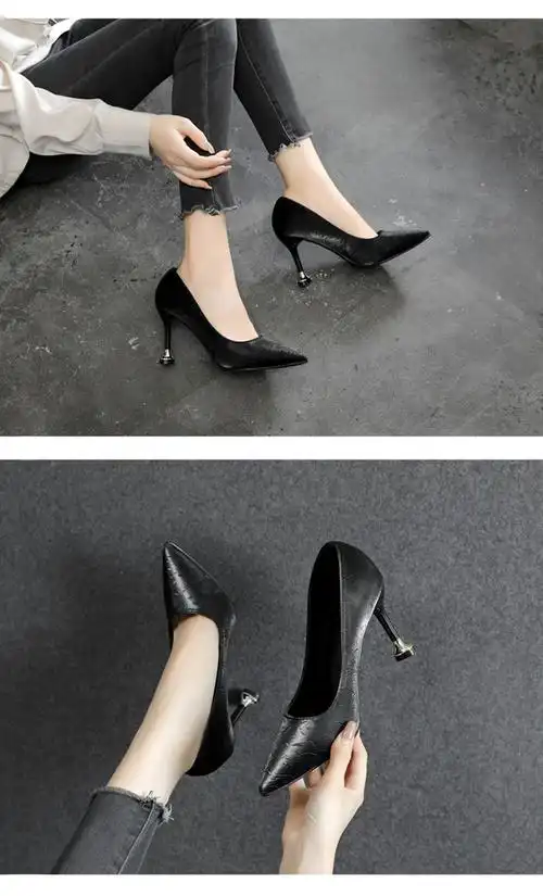 fabelor春秋新款尖头细跟高跟鞋小码单鞋女黑色浅口大码工作 7cm杏色