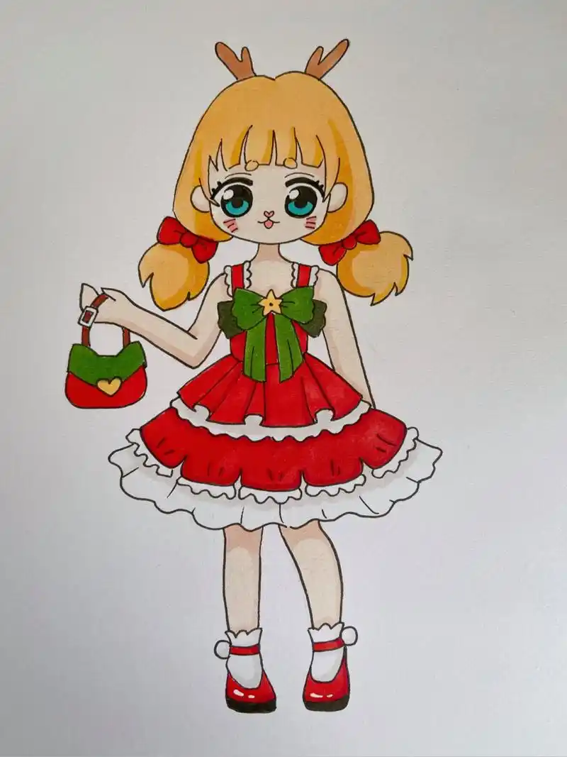 q版女孩全身服装设计简笔画动漫人物圣诞节 学生自己的想法,圣诞驯鹿