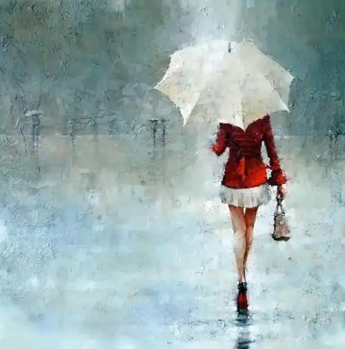 雨中红裙女子的背影俄罗斯画家安德烈科恩的油画