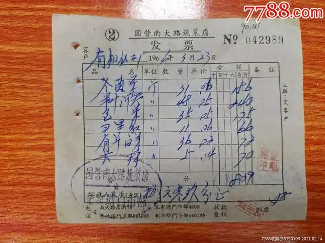 南大路蔬菜店发票左家塘门市部