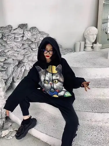沫沫style欧美风女装gg潮牌秋冬新款潮酷可爱猫咪印花连帽卫衣