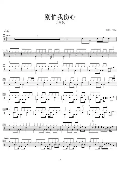 小阿枫《别怕我伤心》鼓谱_架子鼓谱第1张