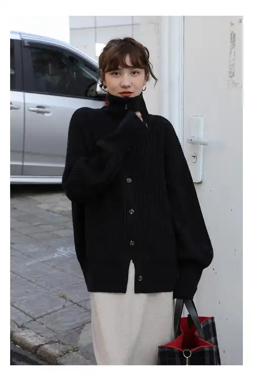 大款毛衣外套加厚开衫画风黑色毛衣设计感女小众秋冬高领宽松外穿针织