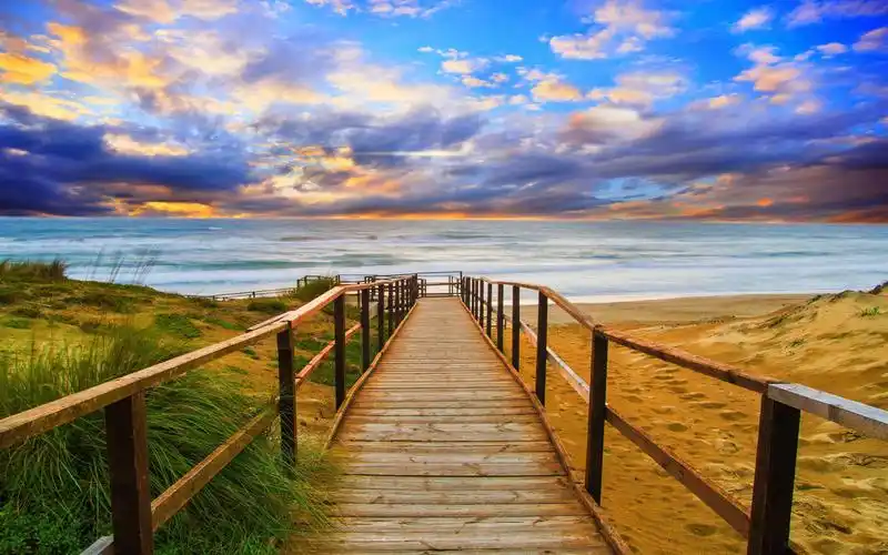 桥,大海,路,天空,夕阳,落日,云朵,风景桥壁纸图片