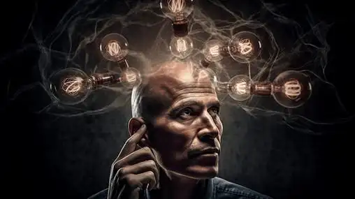 肖像商人与头上的灯泡灵感和创新相适应以便成功思考和创意智慧远见