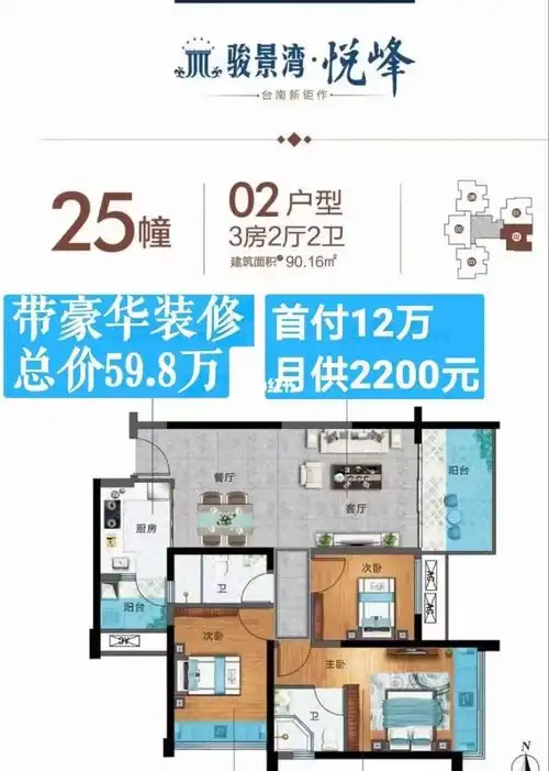 骏景湾悦峰90平方带装修3房2卫598万
