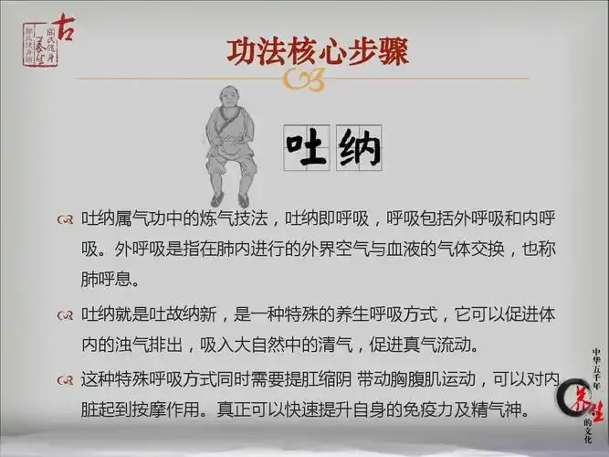 功法核心步骤   吐纳属气功中的炼气技法,吐纳即呼吸,呼吸包括外呼吸