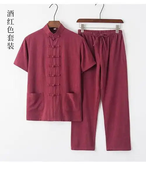 言驹唐装套装男短袖棉麻中式纯色立领夏季大码中国风男装两件套白色