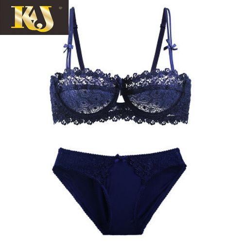 kj品牌文胸欧美半透明半杯蕾丝胸罩性感诱惑聚拢上托文胸套装 蓝色