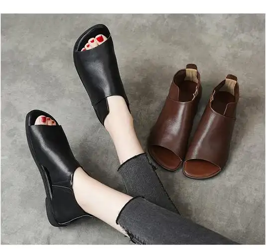 真皮套脚鱼嘴凉鞋女春夏季新款英伦平底低跟软底包跟鞋 黑色 40【图片