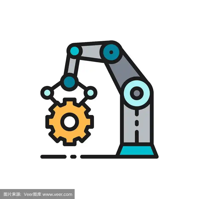 机械手带有齿轮,工作机构,生产线平面彩色图标.