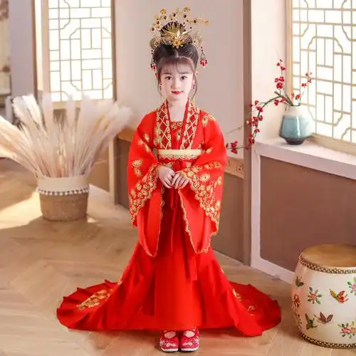 儿童贵妃古装汉服女童拖尾女孩公主宫廷古代衣服国潮走秀民族服装