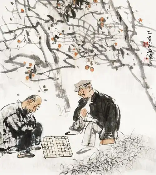 卢沉 对弈图 镜心 设色纸本作品欣赏