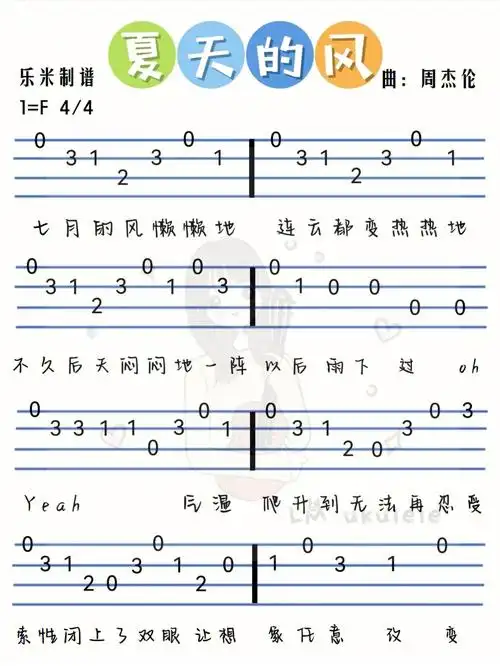 温岚夏天的风尤克里里单音指弹曲谱
