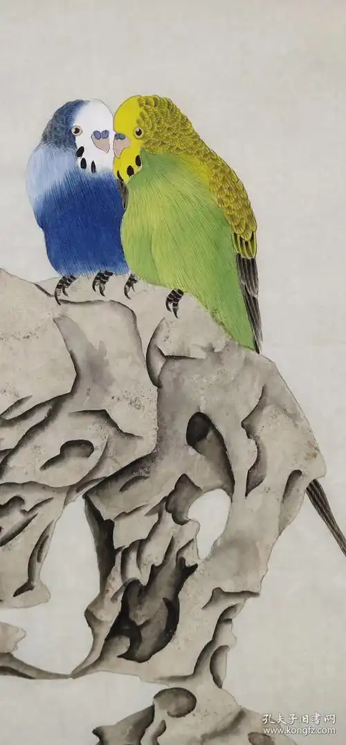 【喻慧】工笔花鸟画《太湖石 鹦鹉》一幅,四尺斗方,68厘米//68厘米