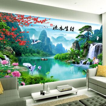 墙画客厅沙发影视墙画风景壁画定制无缝墙布5d凹凸丝绢布每平米1平方