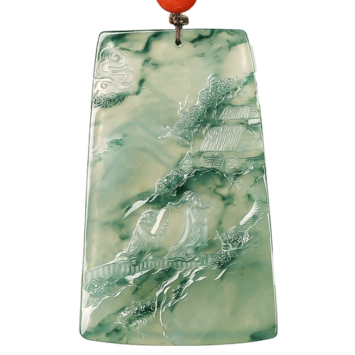 祥祯山水悦色翡翠吊坠冰种飘蓝花山水牌挂件颈饰
