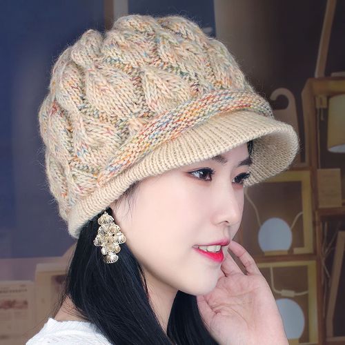 手工编织钩花羊毛帽子女士秋冬季毛线帽保暖防寒加绒鸭舌帽骑车帽