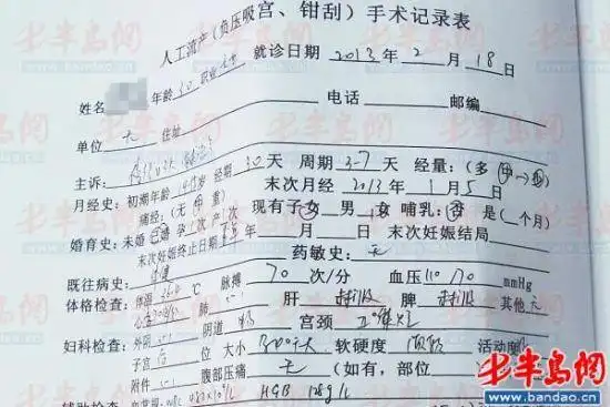 2月18日,市北区妇幼保健所给周女士开具的人工流产手术记录表.