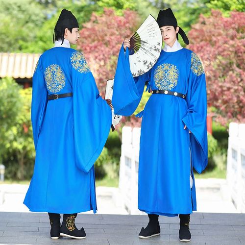 现货汉服男圆领袍唐制蓝色官服成对金兽绣花复原正品中国风古风