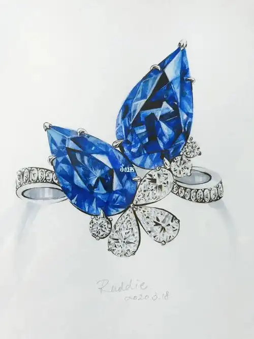 水滴蓝宝石戒指设计定制珠宝水粉手绘图