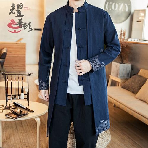 春季中国风薄款印花假两件古风长袍唐装中长款男复古民国长衫马褂