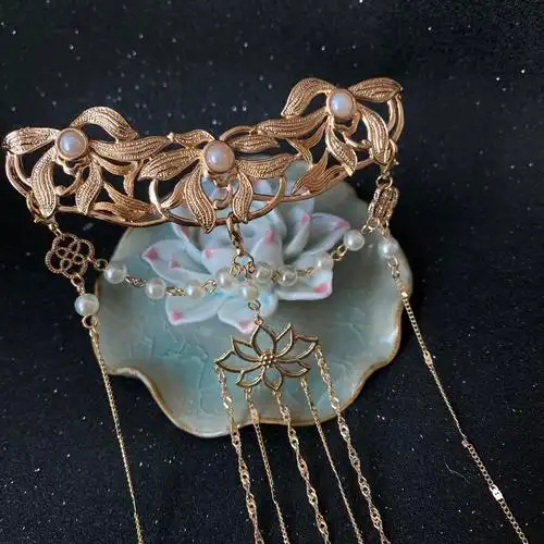 长流古风lolita新娘珍珠流苏两用司钗阁发冠草叶发饰