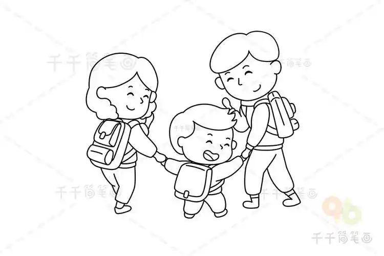 背包和妈妈一起出游的简笔画