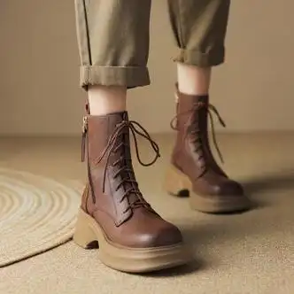 英伦风圆头双拉链马丁靴女防滑坡跟厚底短靴轻便小个子增棕色单里34