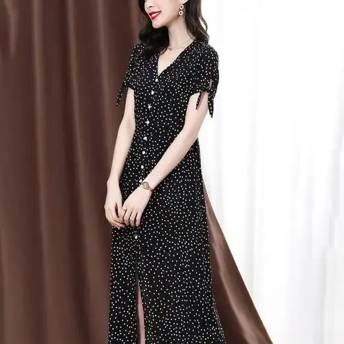 波点真丝裙子2023夏季新款女装气质法式通勤黑色中长桑蚕丝连衣裙