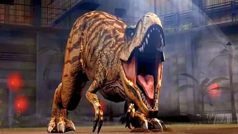 侏罗纪世界恐龙大战:霸王龙最终取得胜利,露出胜利的獠牙